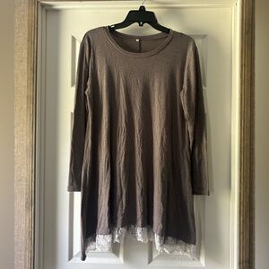 Brown Long Sleeve Tunic with Lace Hem